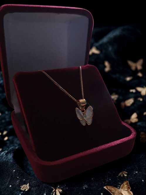 Children’s Jewelry Set with Butterfly Pendant and Silver Chain in a Burgundy Velvet Box